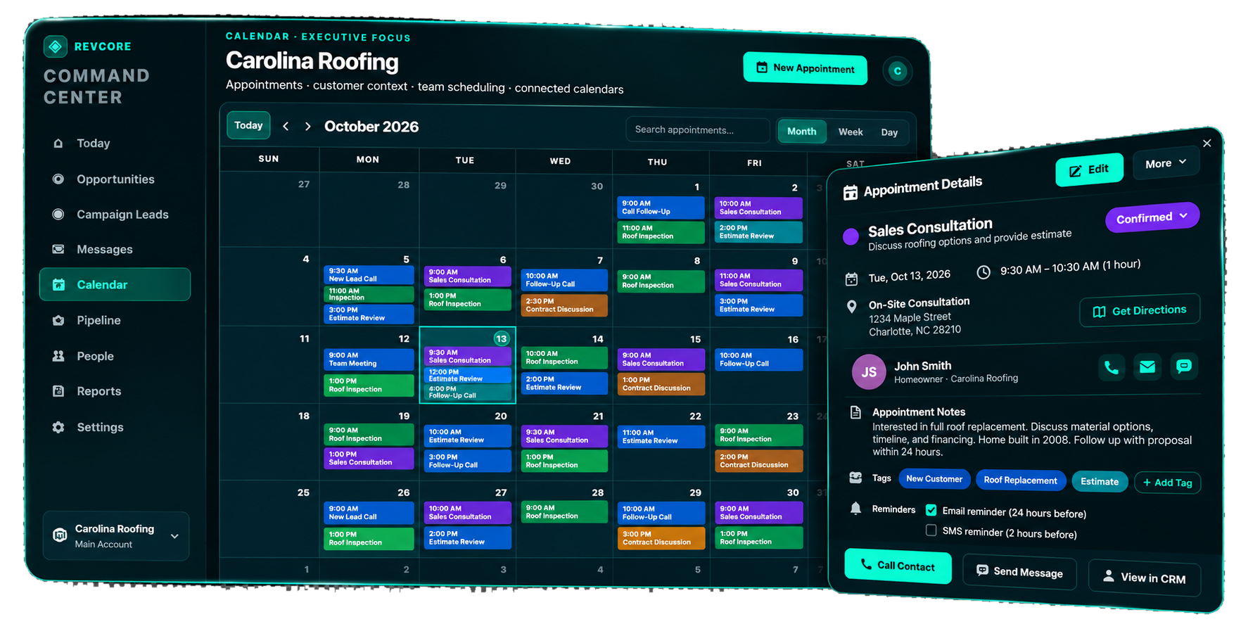 Illustrative REVCORE appointment calendar and appointment details with fictional demonstration data